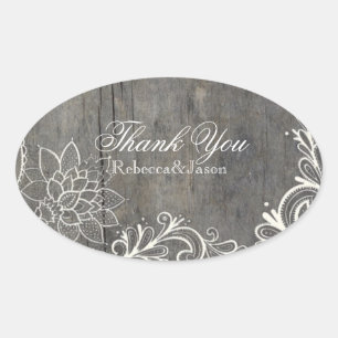 flourish  lace wood country wedding thank you oval sticker