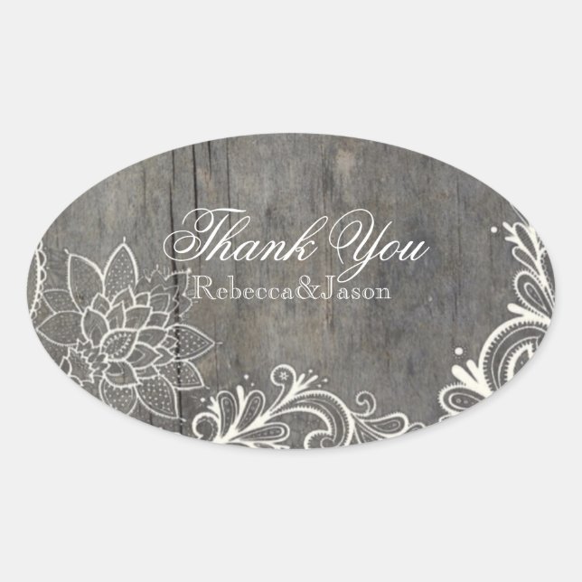 flourish  lace wood country wedding thank you oval sticker (Front)