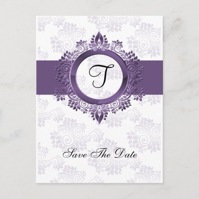 flourish purple monogram wedding save the date announcement postcard (Front)