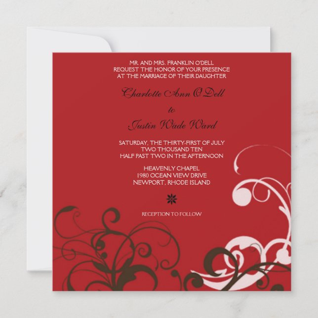flourish; red wedding invitation (Front)