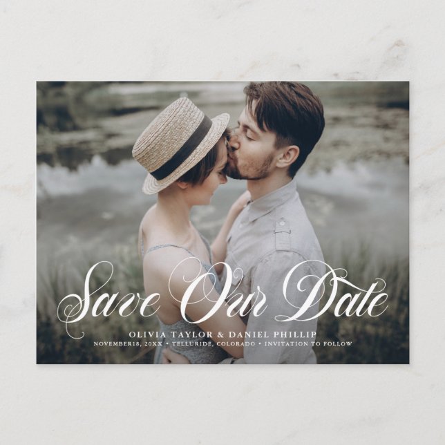 Flourish Script Save Our Date Overlay Photo Announcement Postcard (Front)