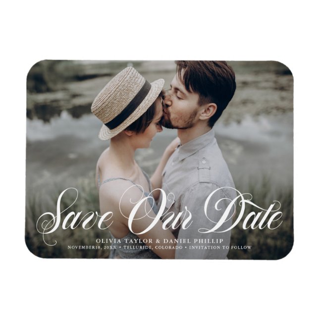 Flourish Script Save Our Date Overlay Photo Magnet (Horizontal)