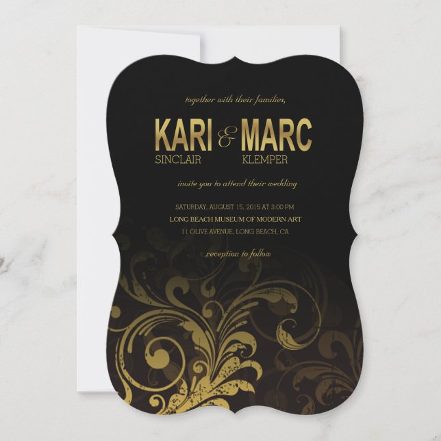 Flourish Scroll Wedding | black and gold Invitation (Front)