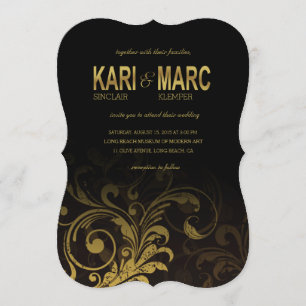 Flourish Scroll Wedding black and gold Invitation