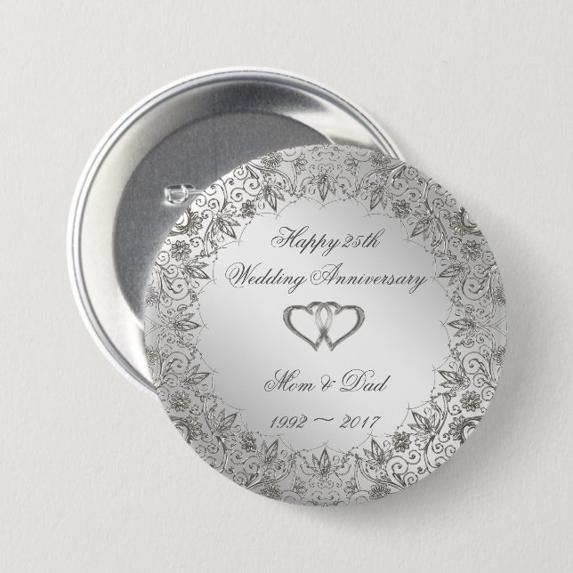 Flourish Silver 25th Wedding Anniversary  7.5 Cm Round Badge (Front & Back)
