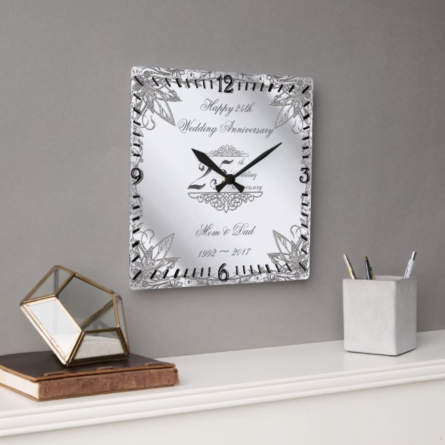 Flourish Silver 25th Wedding Anniversary Clock (Office)