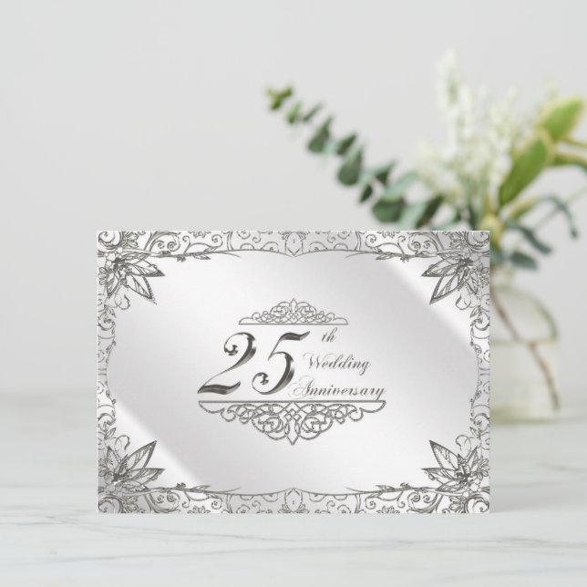 Flourish Silver 25th Wedding Anniversary Invite (Standing Front)
