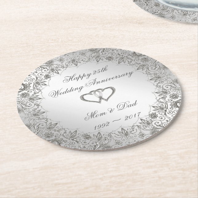 Flourish Silver 25th Wedding Anniversary Round Paper Coaster (Angled)