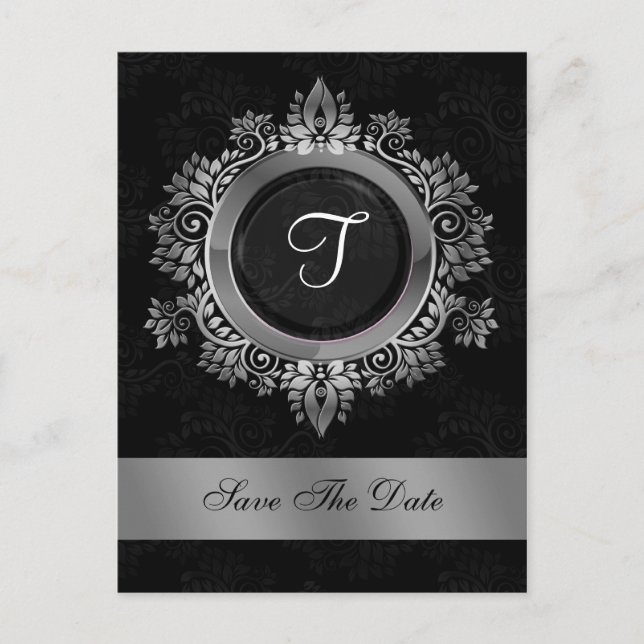flourish silver monogram wedding save the date announcement postcard (Front)