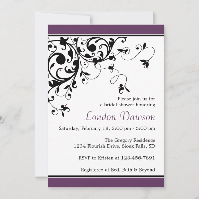 Flourish Swirl Eggplant Bridal Shower Invitations (Front)