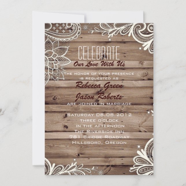 flourish swirls lace barn wood country wedding invitation (Front)