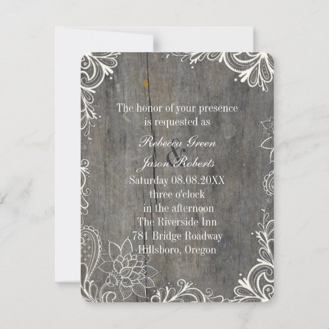 flourish swirls lace wood country wedding invitation (Back)