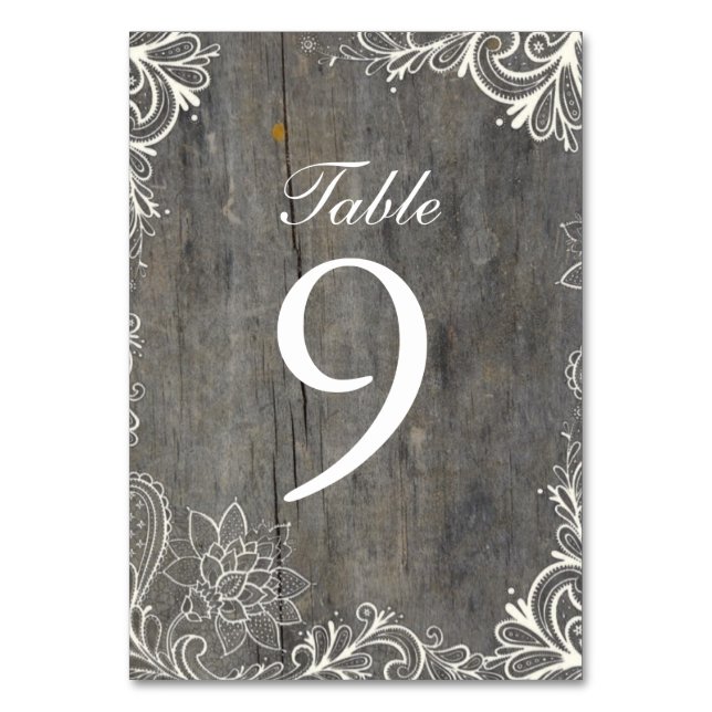 flourish swirls lace wood country wedding table number (Back)