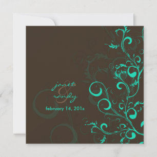 Flourish/swirls leaves/chocolate/teal invitation