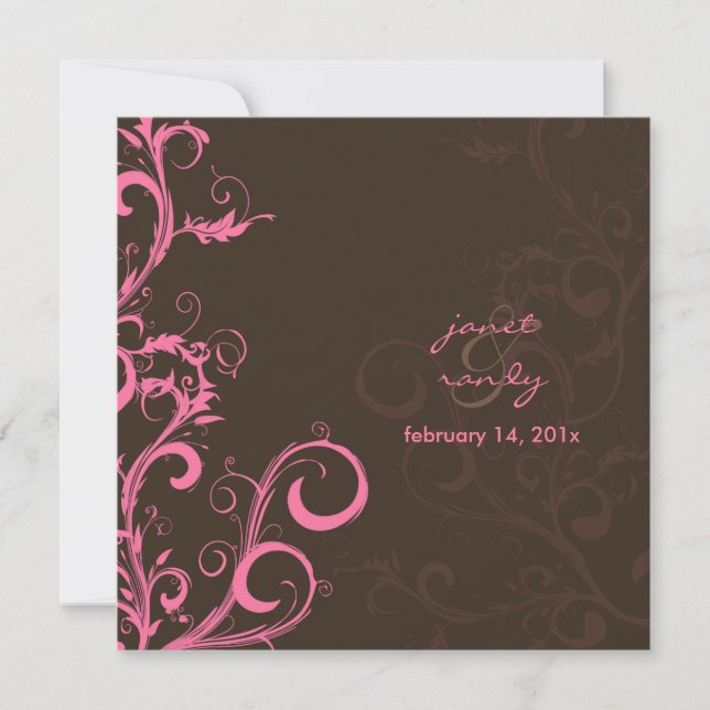 Flourish/swirls leaves/pink/chocolate/ invitation (Front)