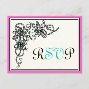 Flourish vine black pink turquoise wedding RSVP