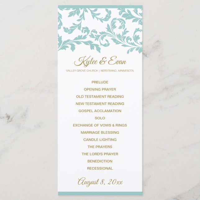 Flourish Wedding Program- Light Turquoise & Gold Programme (Front)
