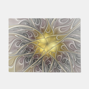 Flourish With Gold Modern Abstract Fractal Flower Doormat