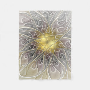 Flourish With Gold Modern Abstract Fractal Flower Fleece Blanket