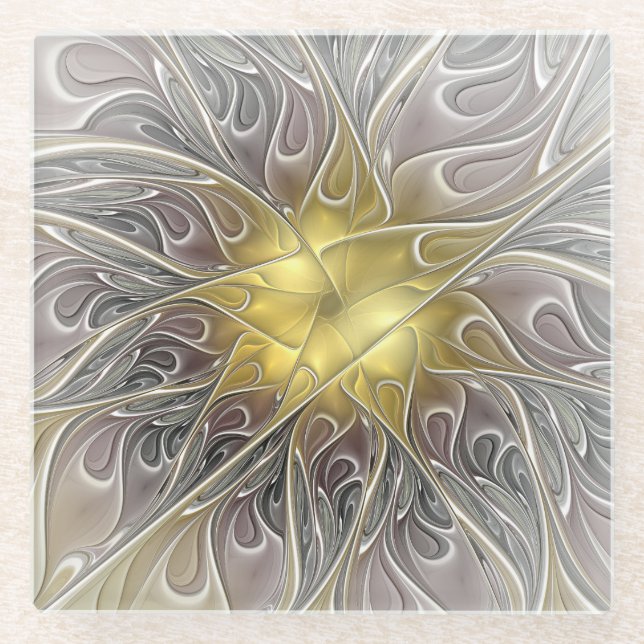 Flourish With Gold Modern Abstract Fractal Flower Glass Coaster (Front)