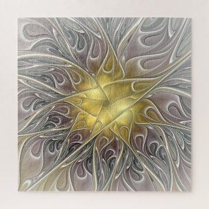 Flourish With Gold Modern Abstract Fractal Flower Jigsaw Puzzle