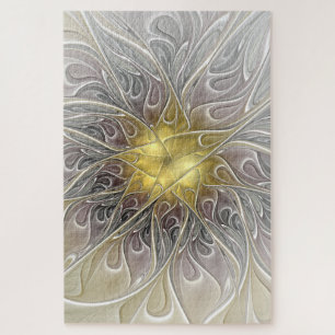 Flourish With Gold Modern Abstract Fractal Flower Jigsaw Puzzle
