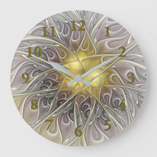 Flourish With Gold Modern Abstract Fractal Flower Large Clock