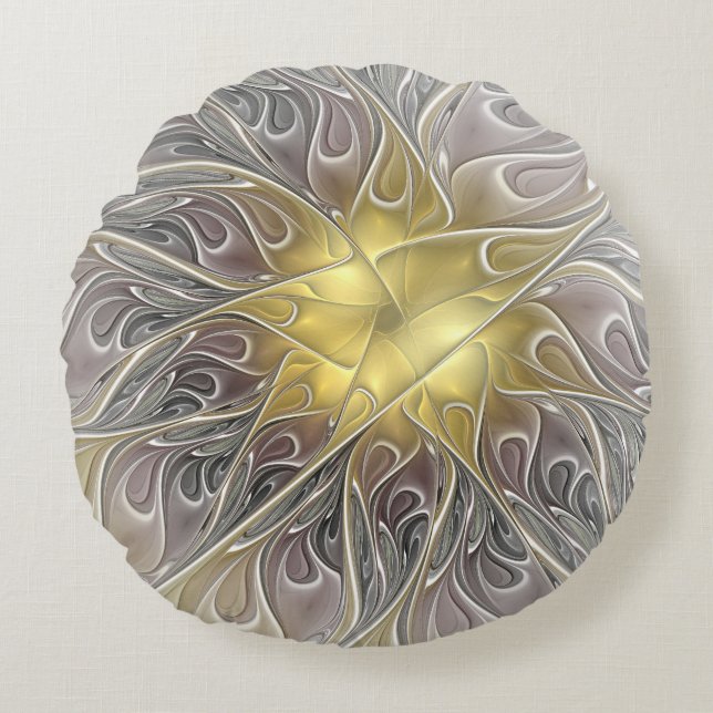 Flourish With Gold Modern Abstract Fractal Flower Round Cushion (Front)