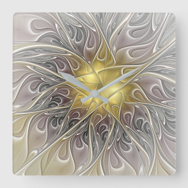 Flourish With Gold Modern Abstract Fractal Flower Square Wall Clock (Front)