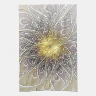 Flourish With Gold Modern Abstract Fractal Flower Tea Towel