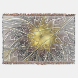 Flourish With Gold Modern Abstract Fractal Flower Throw Blanket