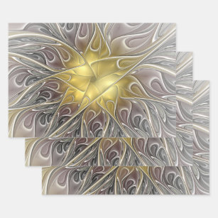 Flourish With Gold Modern Abstract Fractal Flower Wrapping Paper Sheet