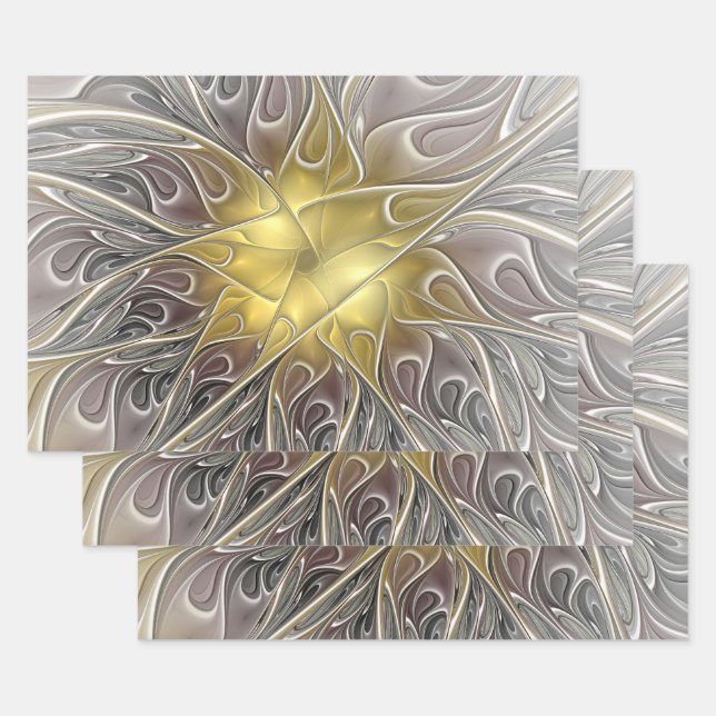 Flourish With Gold Modern Abstract Fractal Flower Wrapping Paper Sheet (Set)