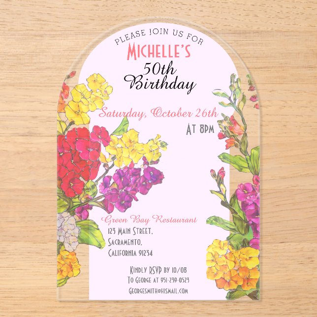 Flourished 50th birthday transparent chic acrylic invitations (Front)