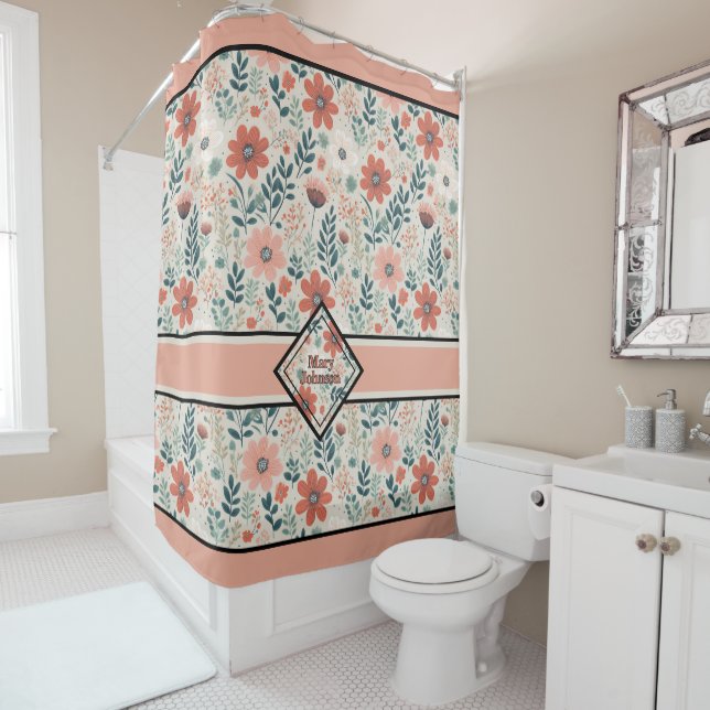 Flourished boho muted tones personalised shower curtain (In Situ)