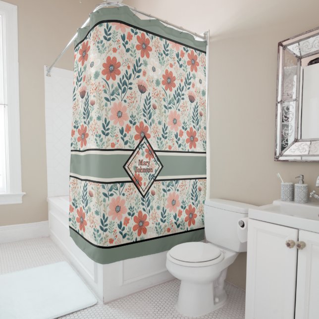 Flourished boho muted tones personalised shower curtain (In Situ)