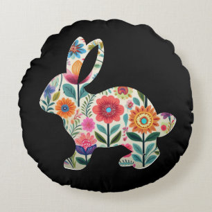 Flourished Easter Bunny Silhouette on Black Bg Round Cushion