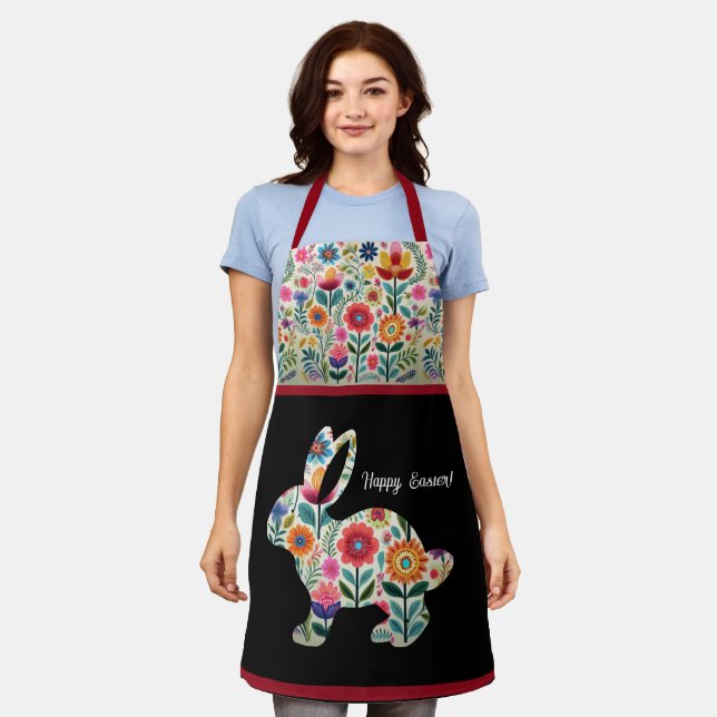 Flourished Easter Bunny Silhouette Personalizable  Apron (Worn)