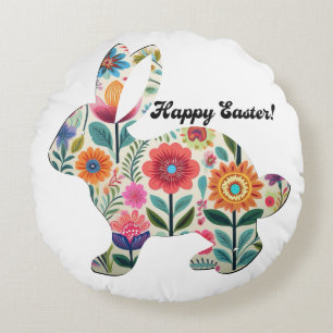 Flourished Easter Bunny Silhouette Personalizable  Round Cushion