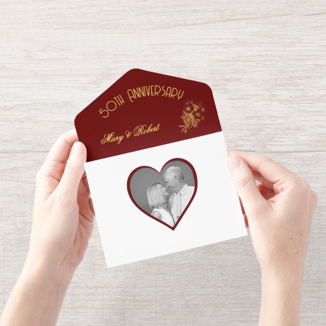 Flourished Golden Anniversary - Burgundy and Gold All In One Invitation (Opening)