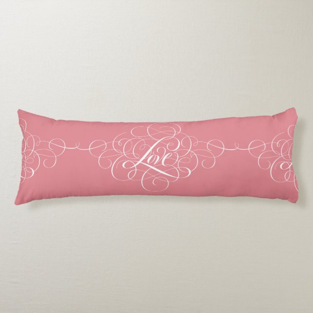 Flourished Love Calligraphy Script Pink Lettering Body Cushion (Front)