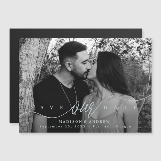 Flourishing Blue Script Photo Save the Date Magnetic Invitation (Front/Back)