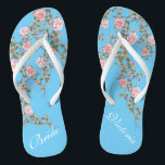 Flourishing Pink Flowers Bride Wedding Blue  Flip Flops<br><div class="desc">The flops features flourishing pink flowers illustration on bright blue background and a classic wedding words typography. This beautiful pair of elegant flip flops would be a beautiful something blue for a spring or summer wedding. ♥Customise it with your text by using the template fields. ♥ If you want to...</div>