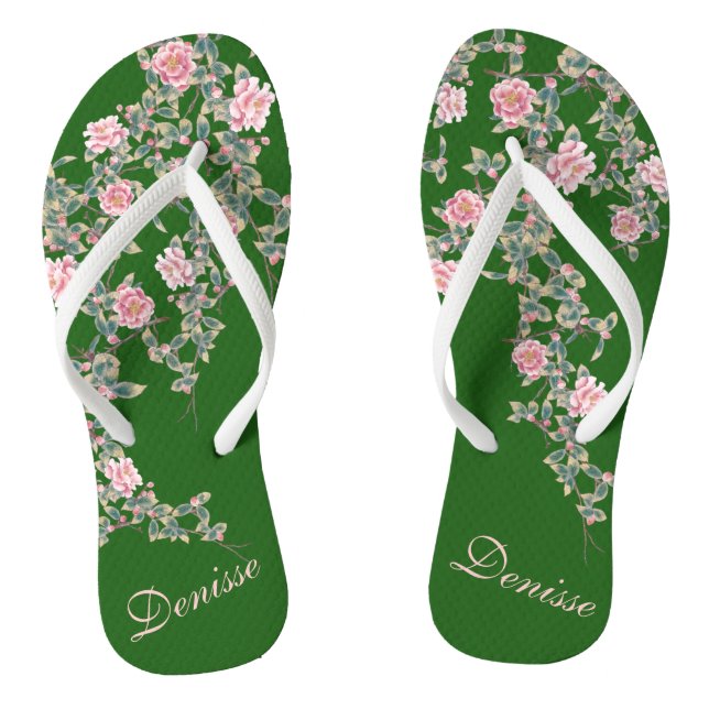 Flourishing Pink Flowers Personalised Name Green Flip Flops (Footbed)