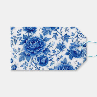 Flow Blue Blossoms Roses Peonies Cobalt Blue White Gift Tags