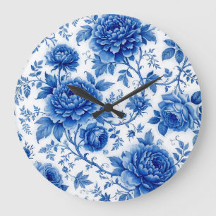 Flow Blue Blossoms Roses Peonies Cobalt Blue White Large Clock