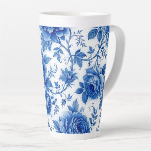Flow Blue Blossoms Roses Peonies Cobalt Blue White Latte Mug