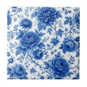 Flow Blue Blossoms Roses Peonies Cobalt Blue White Tile