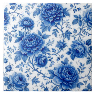 Flow Blue Blossoms Roses Peonies Cobalt Blue White Tile