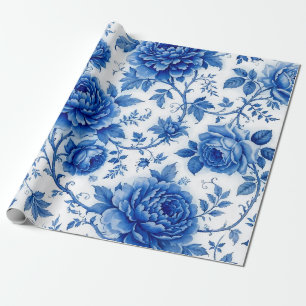 Flow Blue Blossoms Roses Peonies Cobalt Blue White Wrapping Paper